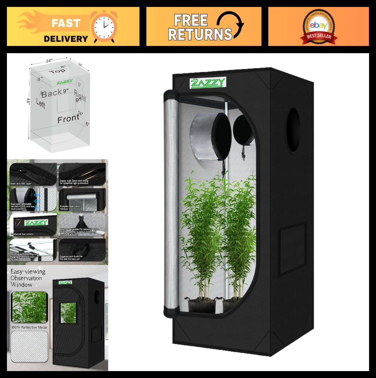 2x2 Hydroponic Grow Tent 24"x24"x48" with Observation Window, Tool Bag & Waterpr