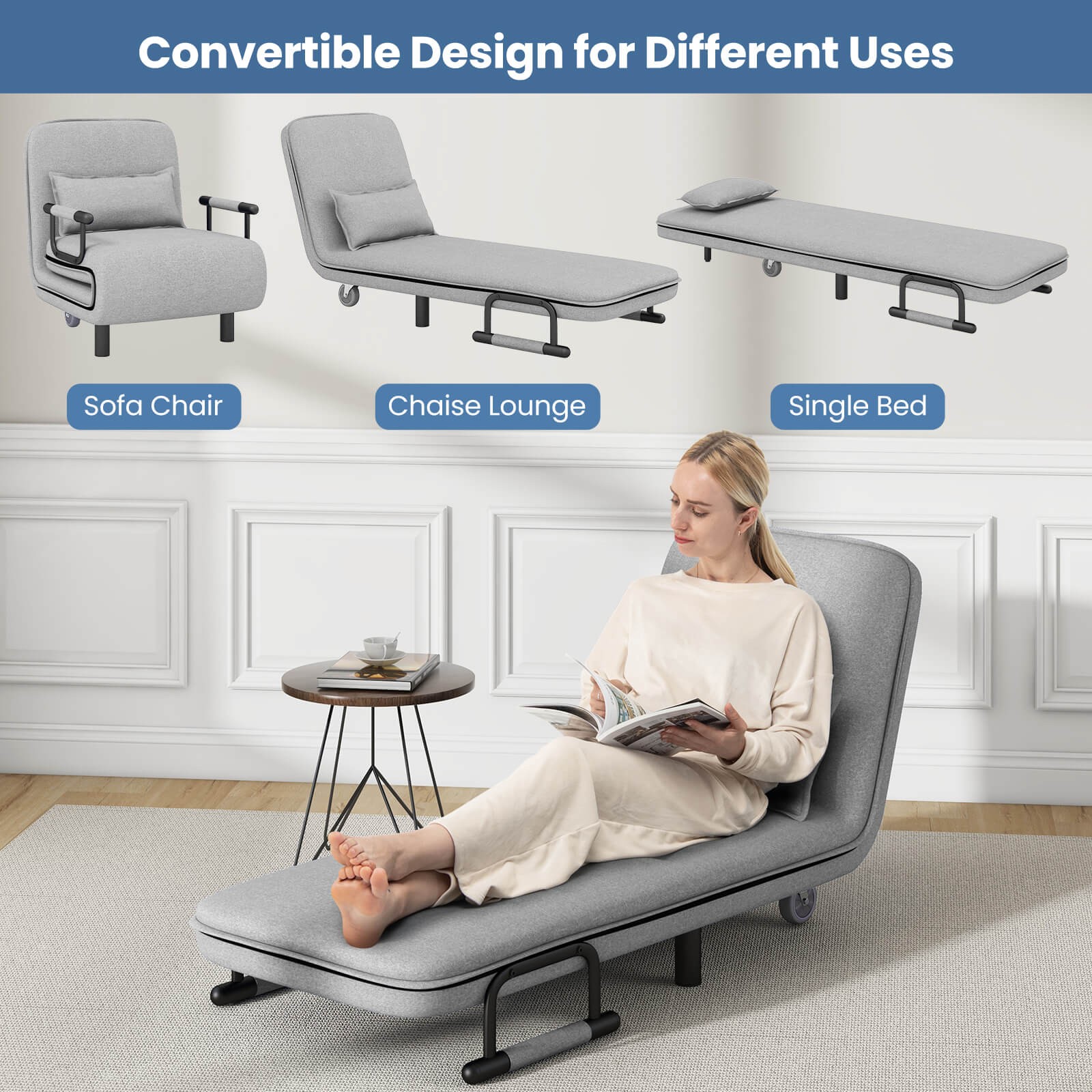 3-in-1 Convertible Sofa Bed with 5-Position Adjustable Backrest & Lumbar Pillow