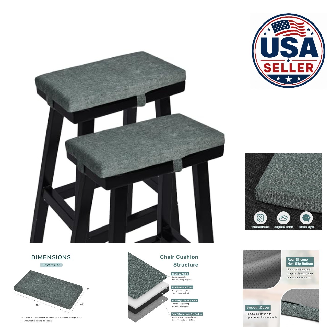 Memory Foam Rectangle Bench Stool Cushion Set of 2 Dark Grey 18x9.5x1.5 Inch