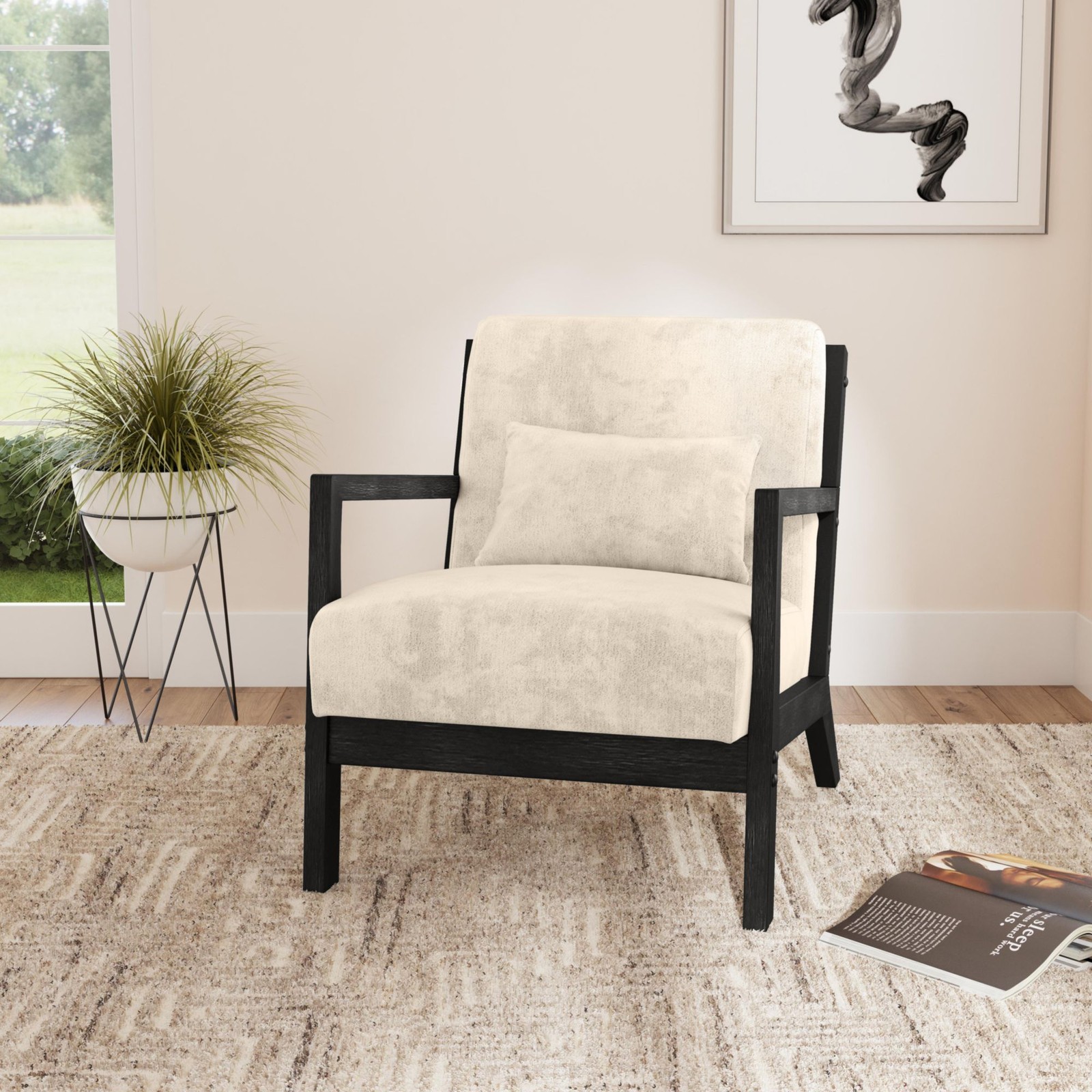 Freya Chair with kidney pillow in Langley Cream and Brushed Espresso Finish