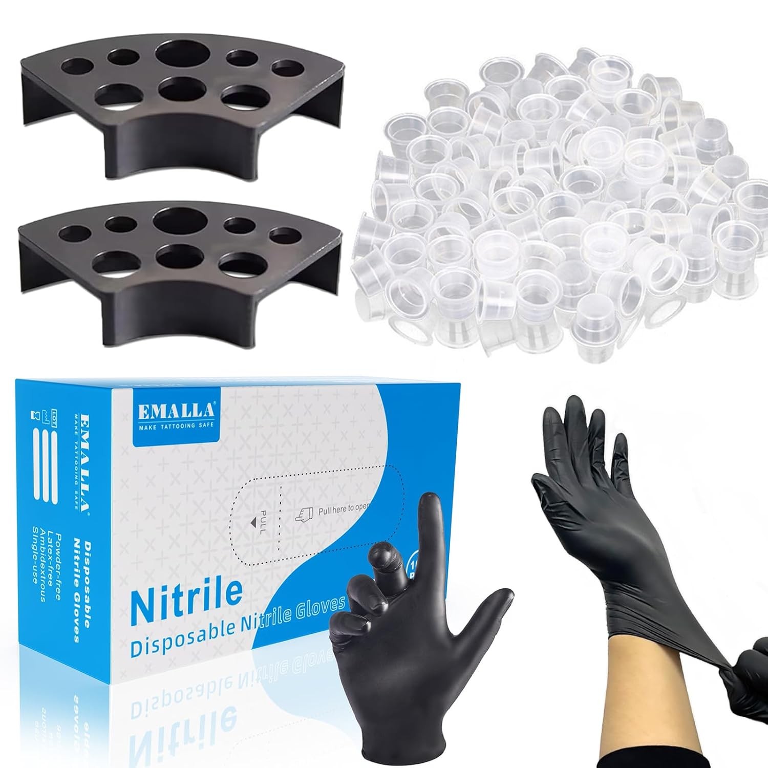 300pcs Disposable Tattoo Ink Cups (8mm/11mm/15mm) + 2 Black Caps Holders...