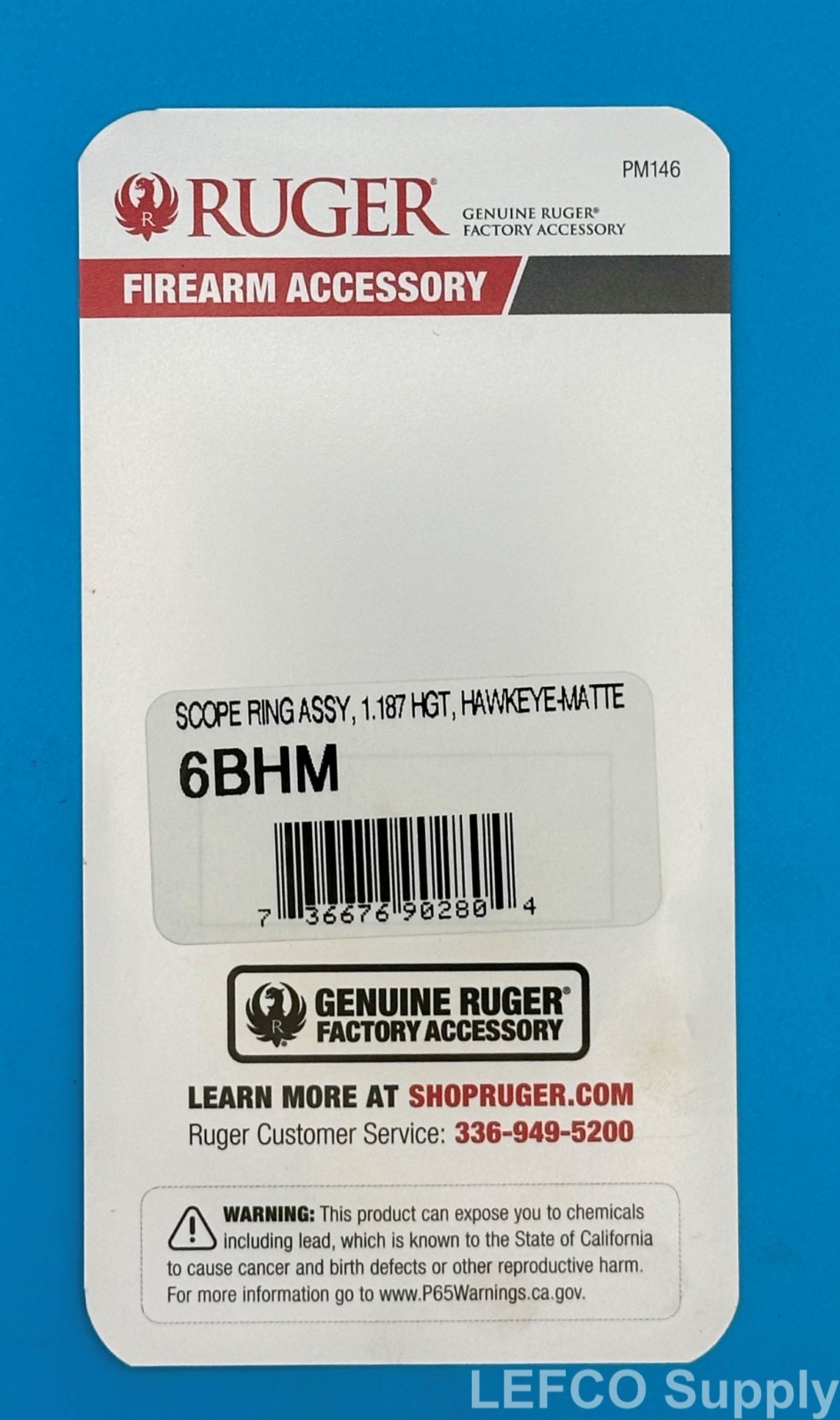 Ruger Scope Ring 1" Extra High Ring 6BHM Hawkeye Matte Blued 90280 (Single)