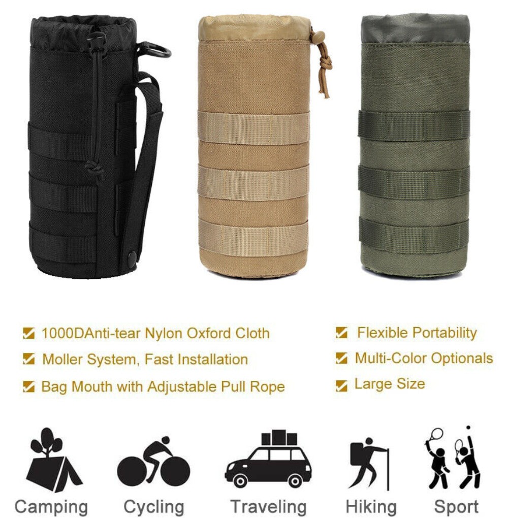 Tactical Molle Water Bottle Pouch Bag Drawstring Open Top for Camping Hiking