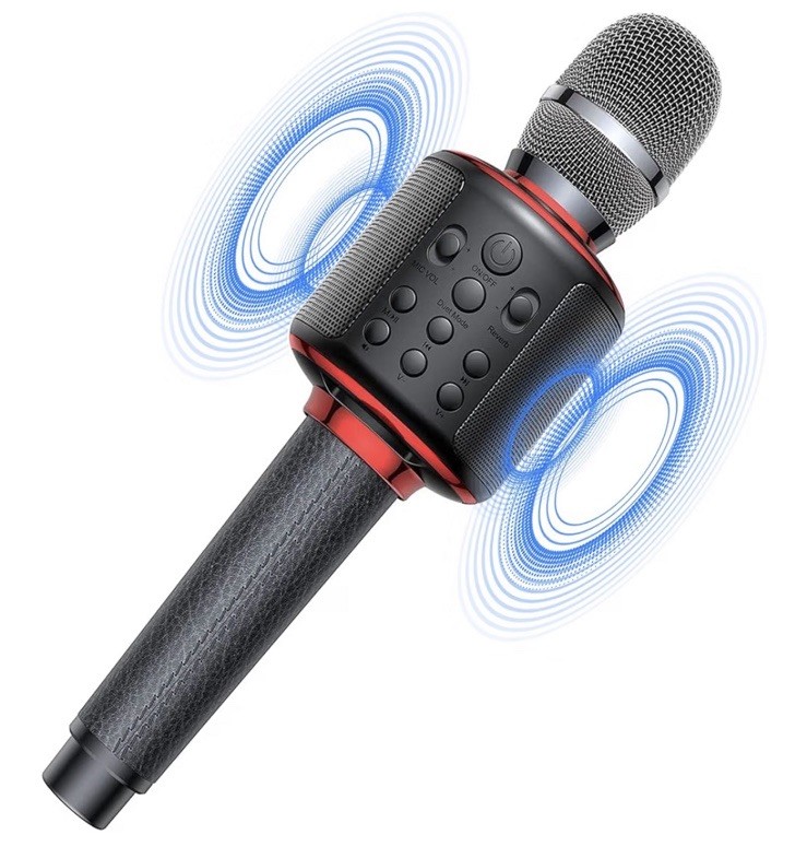 Karaoke Wireless Rechargeable Mic w/ Built-in Stereo Speaker Bluetooth( Blk/red)