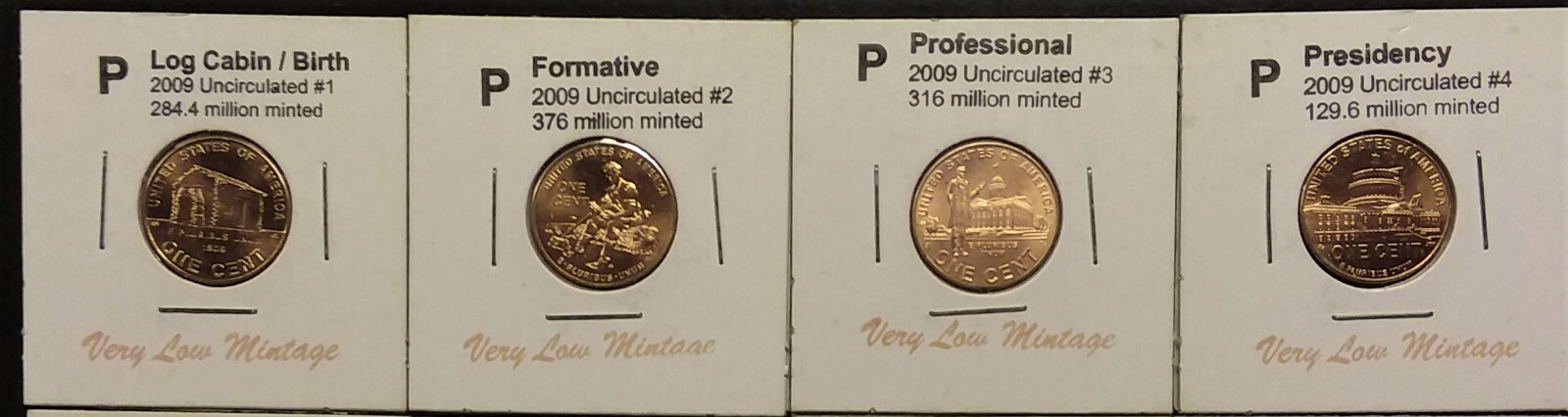 Complete 4 Piece Set Lincoln 2009 Cent Penny P Mint, Uncirculated Limited !!
