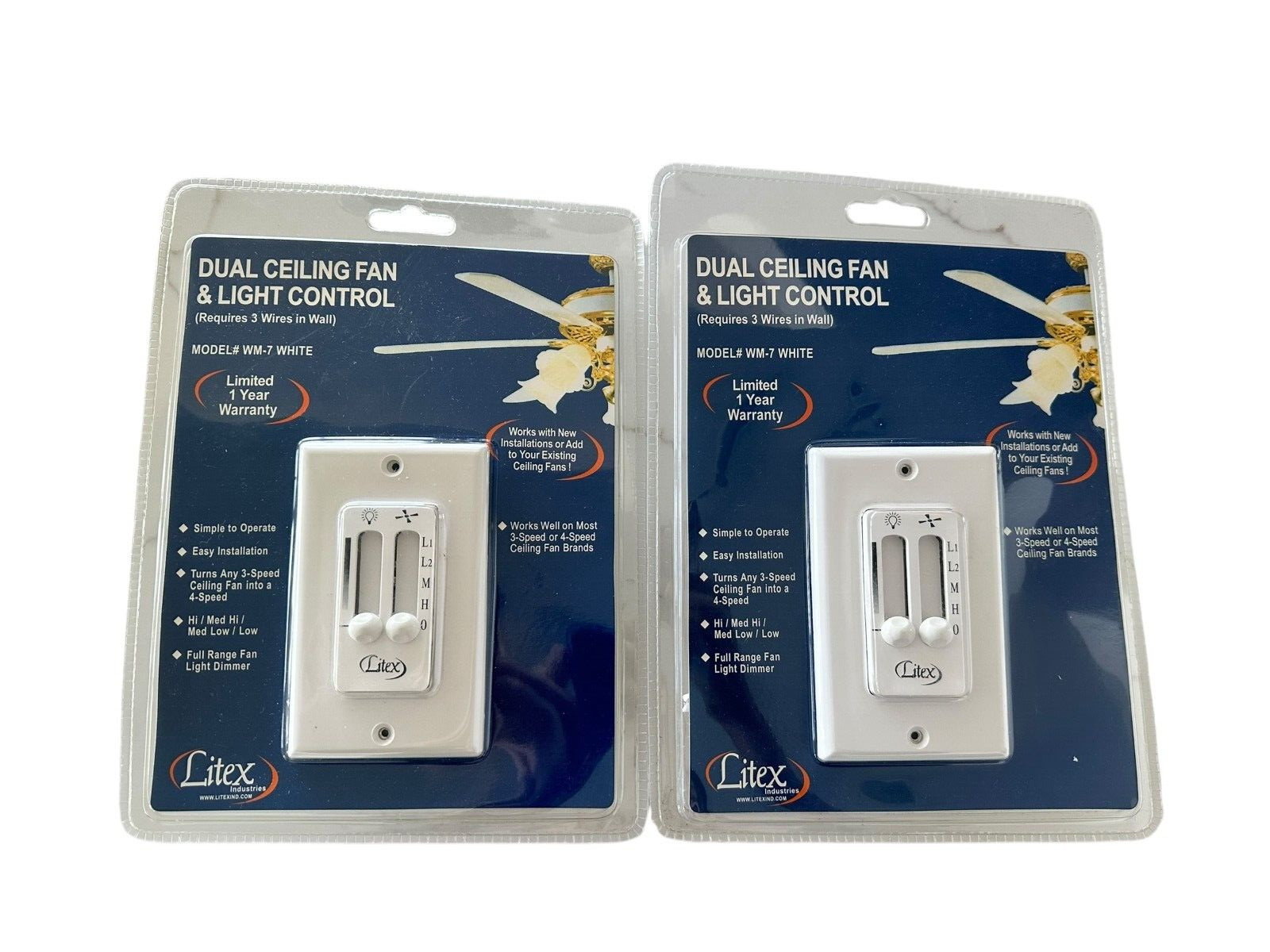 Litex Dual Ceiling Fan & Light Control with Dimmer Model WM-7 White New (2 PACK)