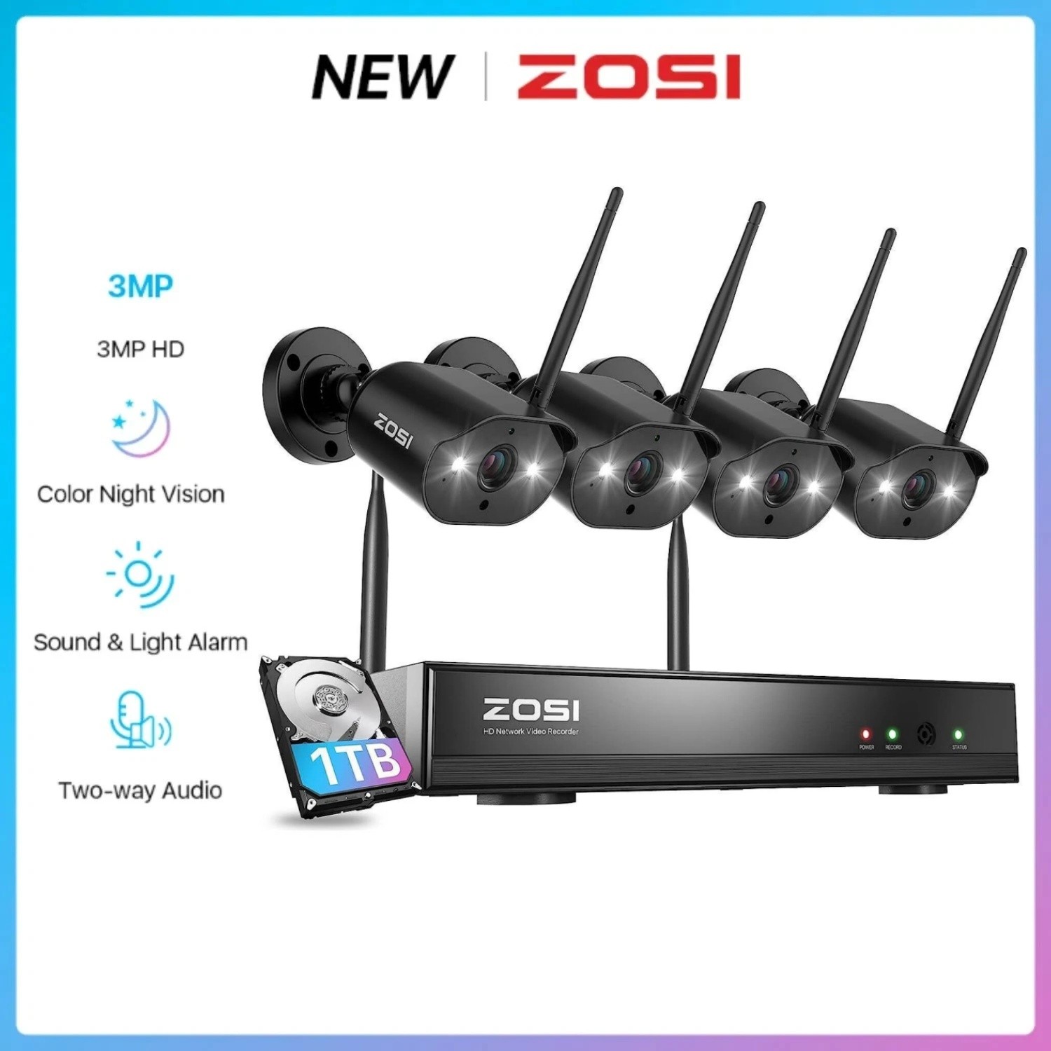 ZOSI 3MP Outdoor Wireless Security Camera System 2K WiFi Home Audio NVR With 1TB