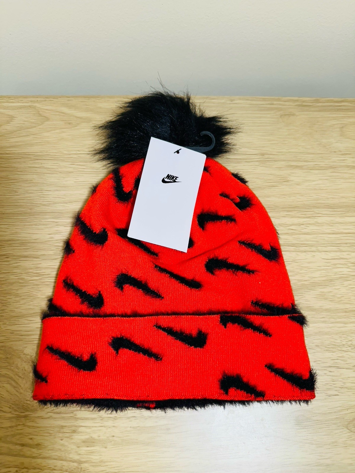 Nike knit pom beanie hat youth red black NWT FJ6303-633 OS