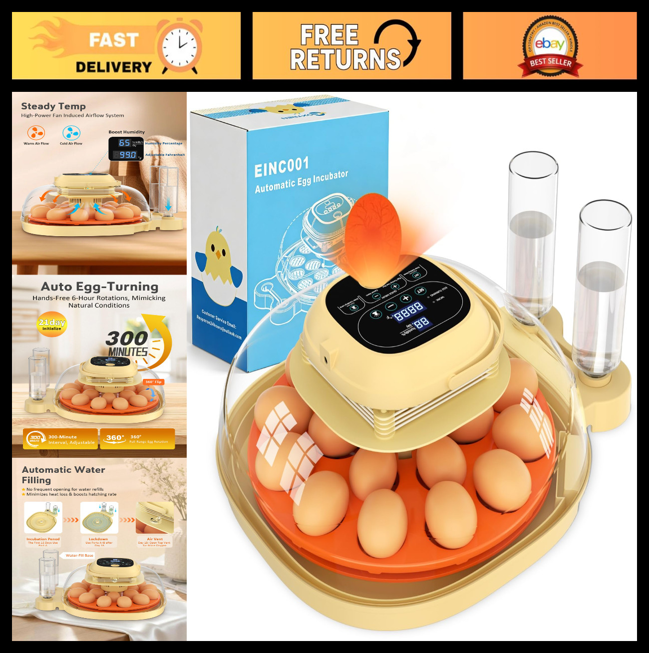 18 Egg Incubator with Auto Turning, Digital Temp & Humidity Control, Egg Candler