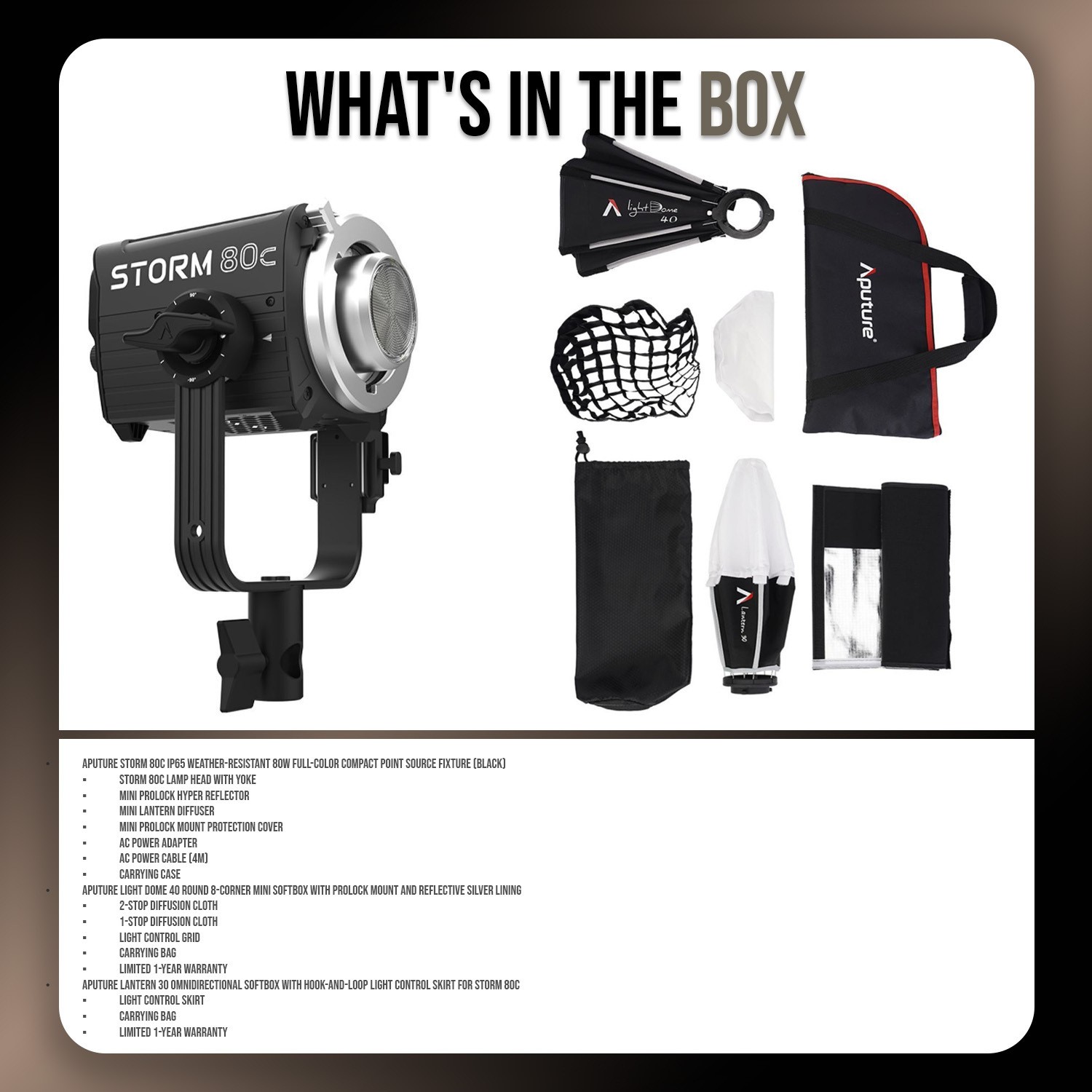 Aputure STORM 80c Point Source Fixture Light Dome 40 Softbox Bundle (Black)
