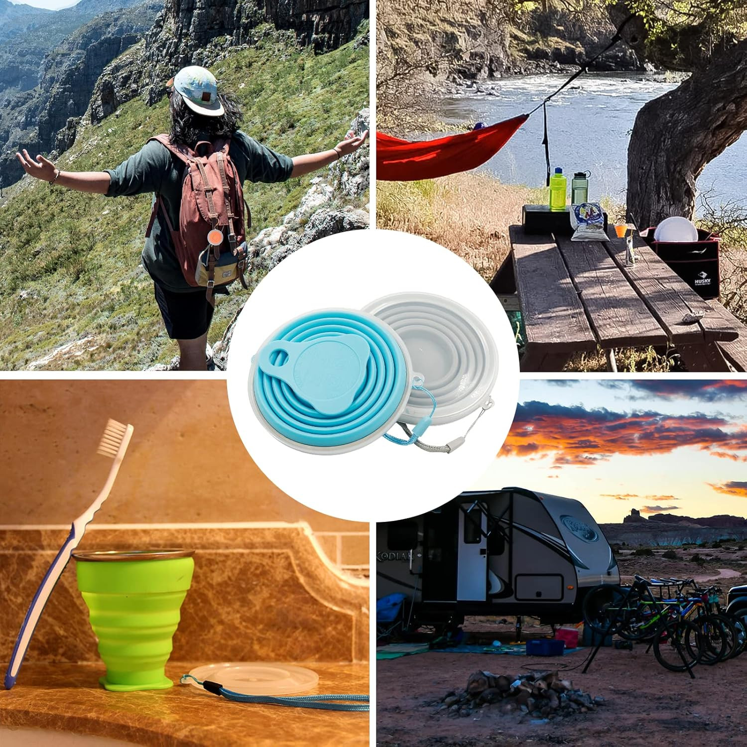 2 Pack Silicone Collapsible Travel Cups Portable Folding Camping Cups with Lids