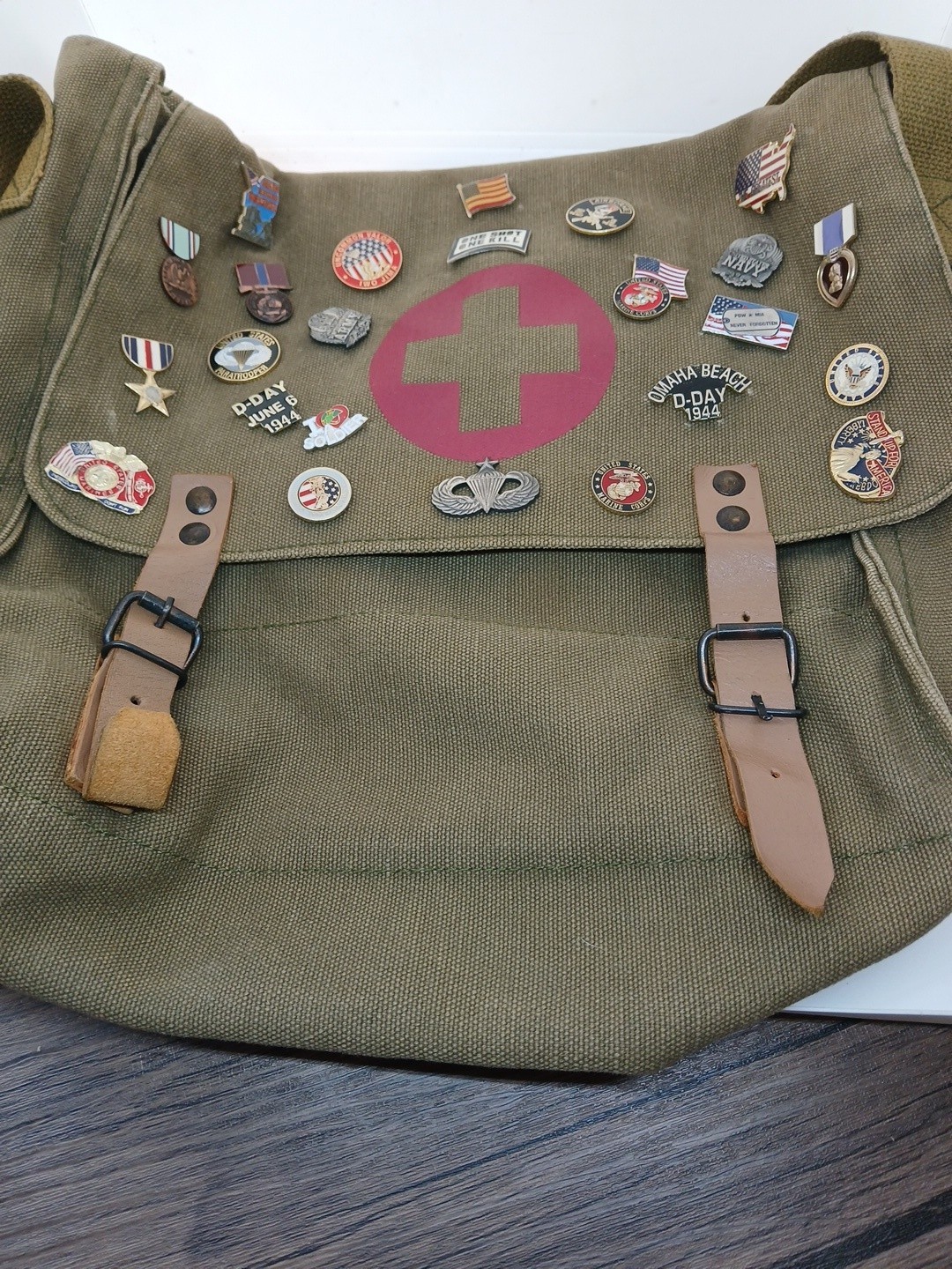 Military Style Shoulder Bag W Red Cross Leather Buckle Straps W 20 Pins
