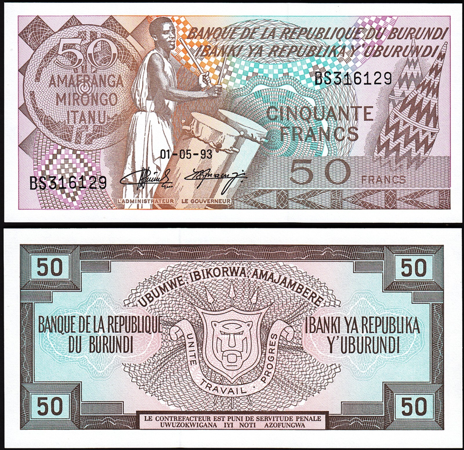 Burundi 50 Francs 1993, UNC, P-28c