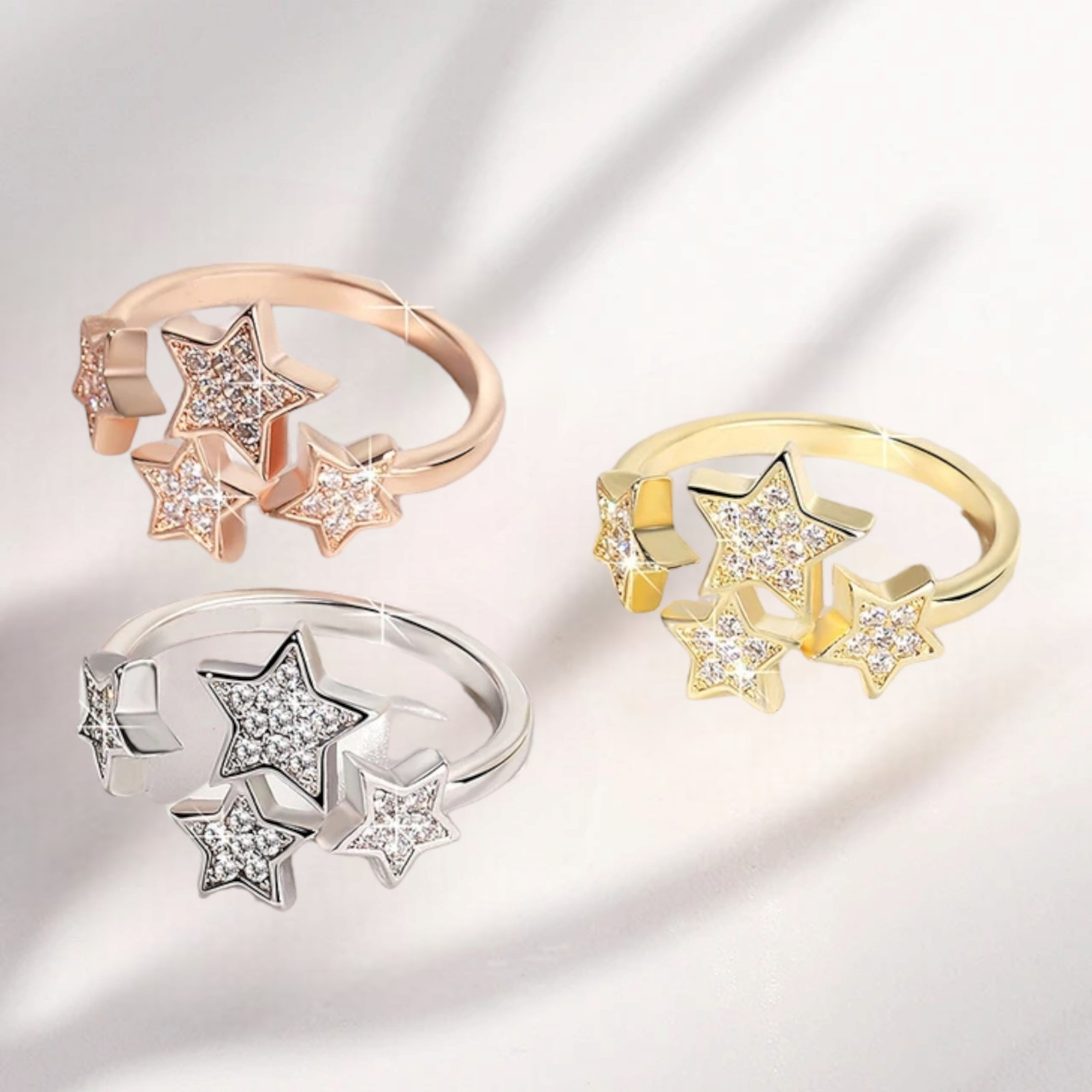 Gold, Silver, Rose Plated Pentagram Star Ring With Cubic Zirconia Fashion Jewelr