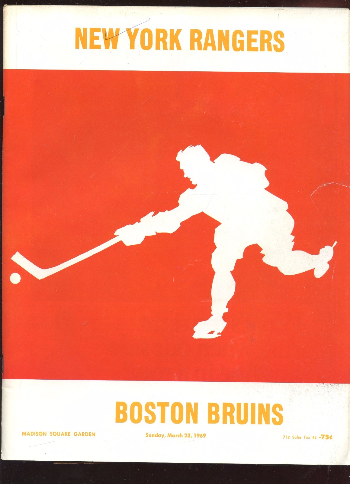 March 23 1969 NHL Hockey Program Boston Bruins at New York Rangers