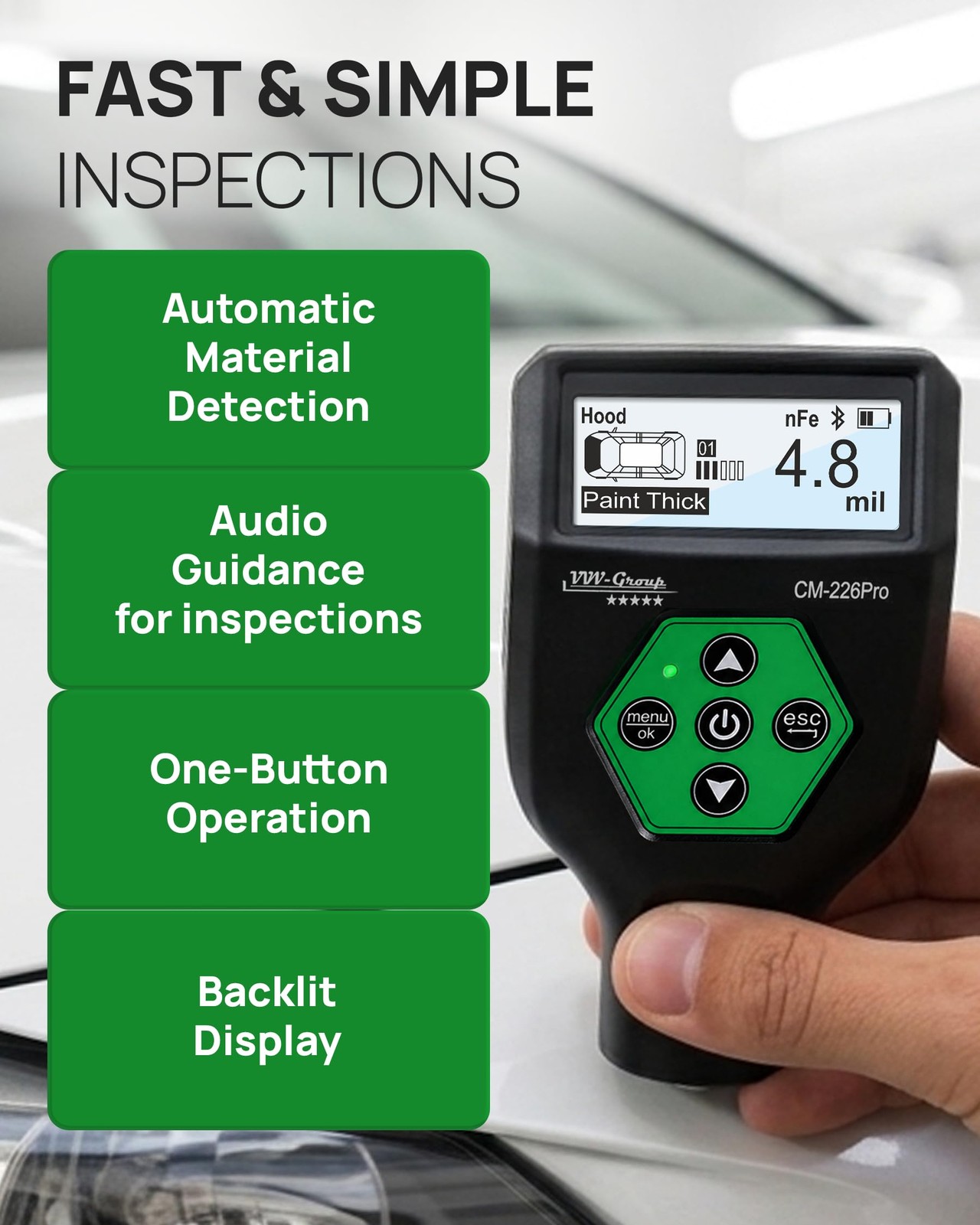 Pro Paint Thickness Gauge CM-226 w/ Bluetooth App for iOS & Android