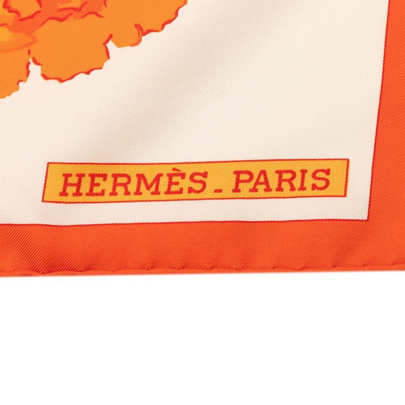 Hermès Carre 90 Les Pivoines Scarf White Orange Silk Ladies