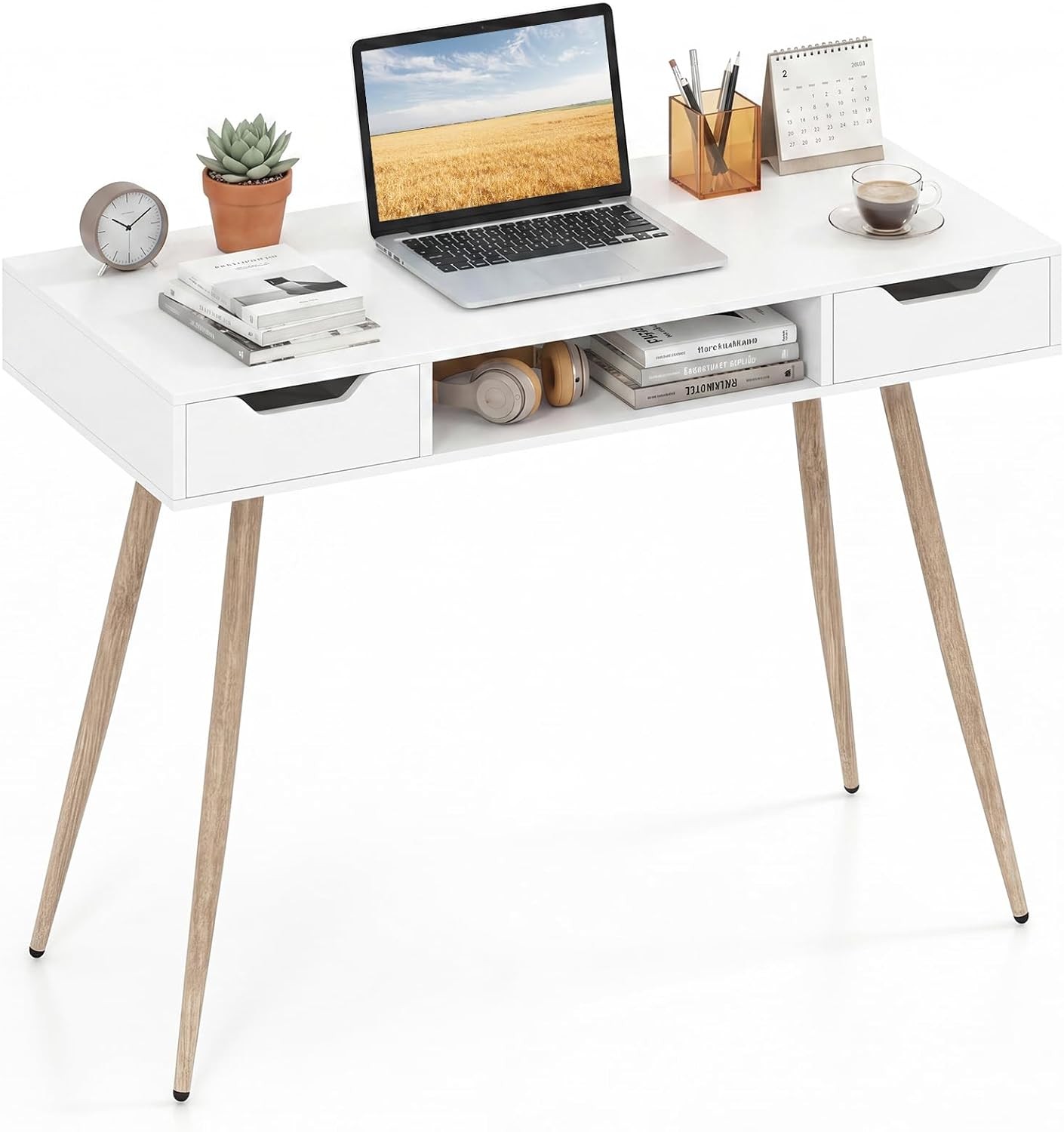 White Computer Desk with Drawers 42.5" Minimalist Mid Century Modern Vanity