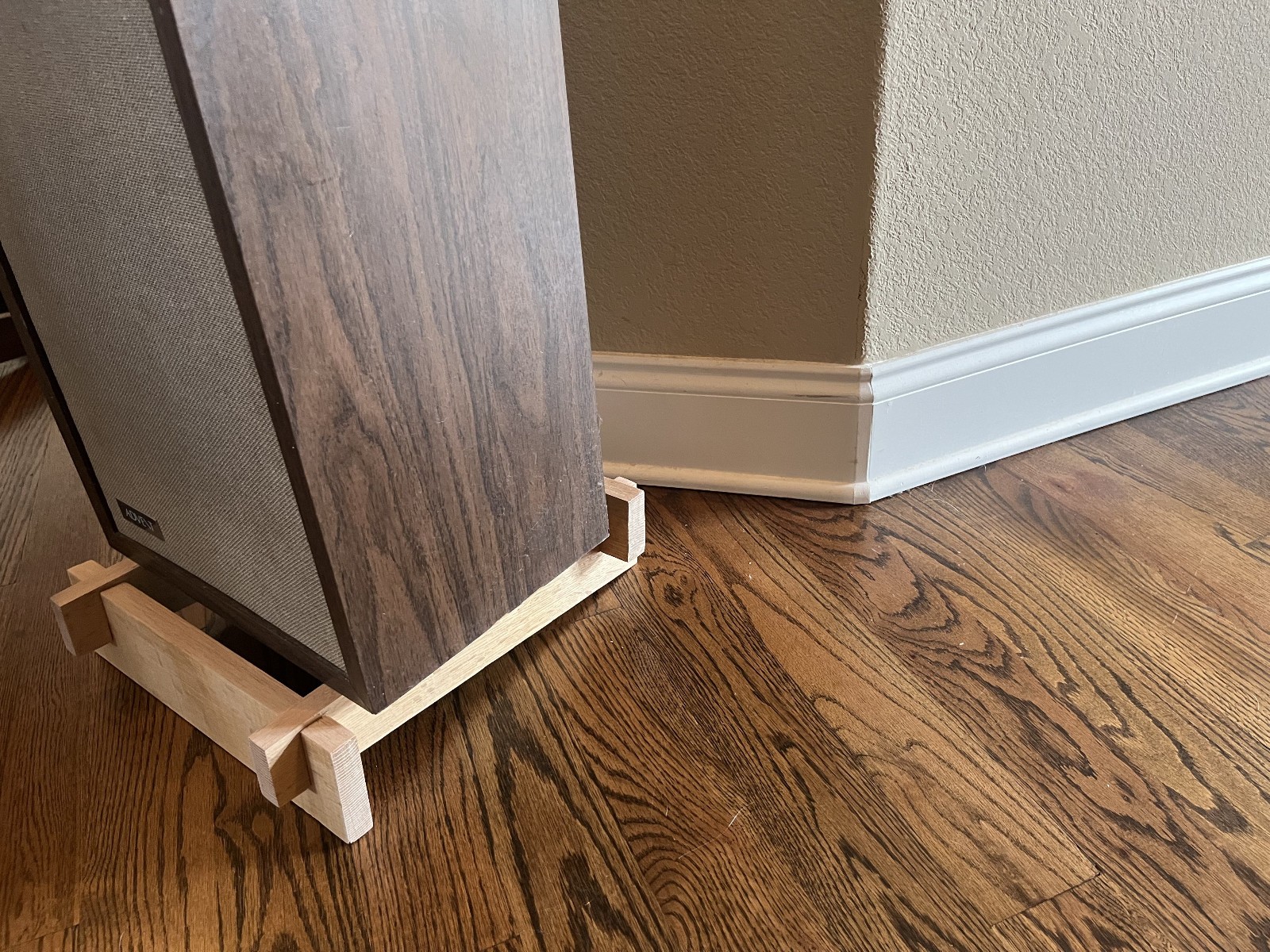 low profile tilted speaker stand wood pair finished rustic oak