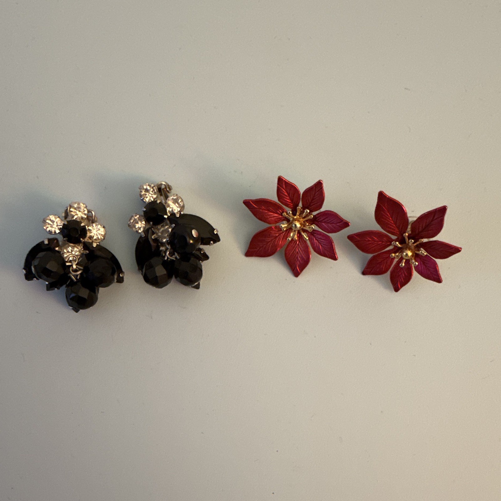 Vintage Lot 2 Pairs Clip-On Earrings Red Enamel Flower Black Crystal Cluster