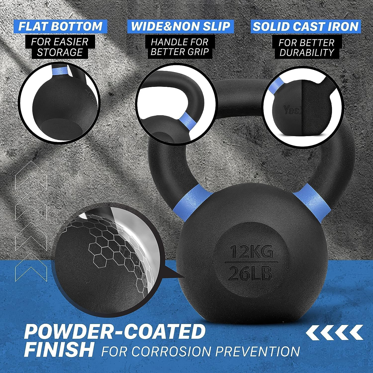 Powder Coated Kettlebell, Cast Iron Core Kettlebells with Non-Slip Handle & Flat