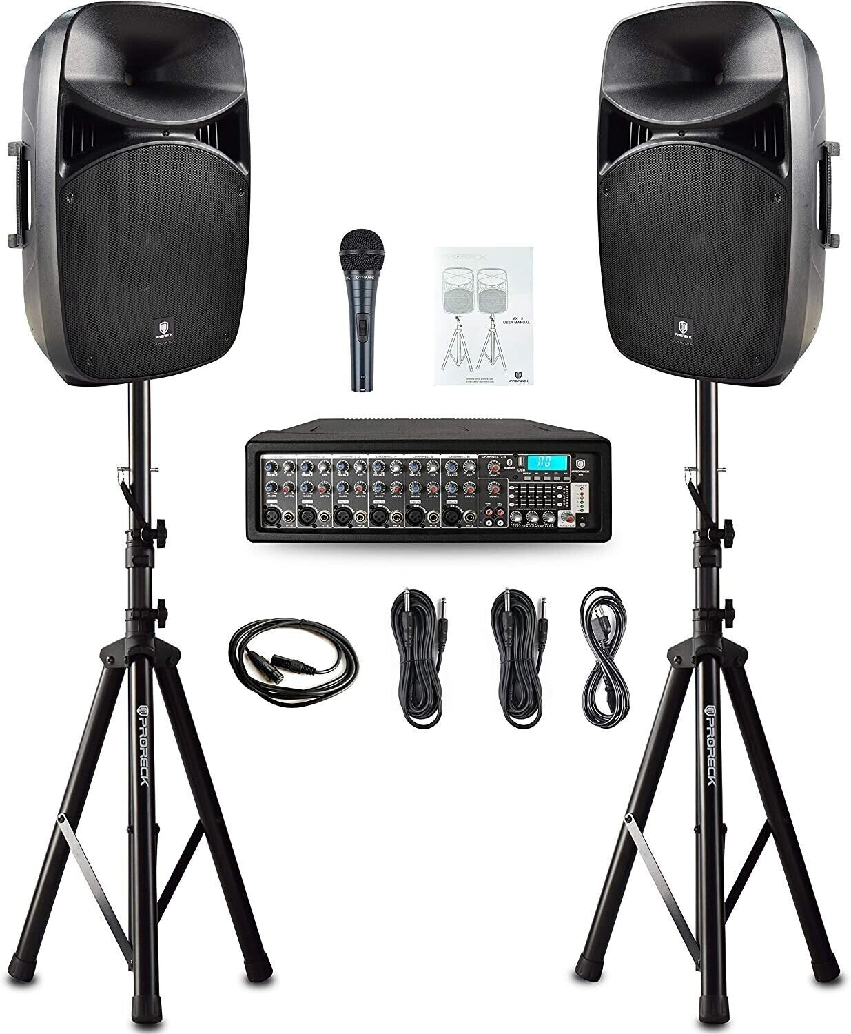PRORECK MX15 15" Home Speaker Subwoofer 2500W Powered PA System Bluetooth DJ