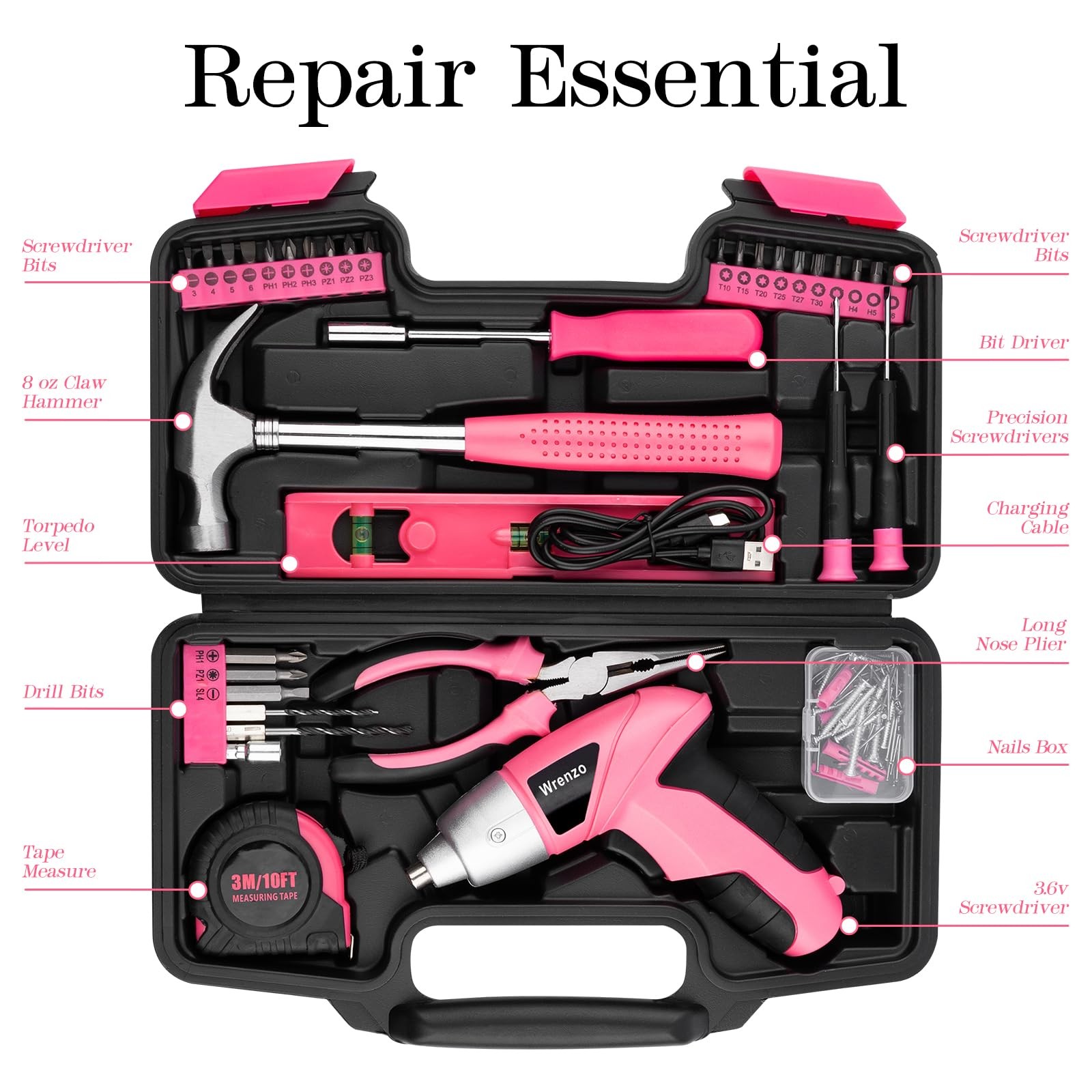 WRENZO Drill Set,Cordless Drill,Small Tool Kit,112pc 3.6V USB Set,Tool...