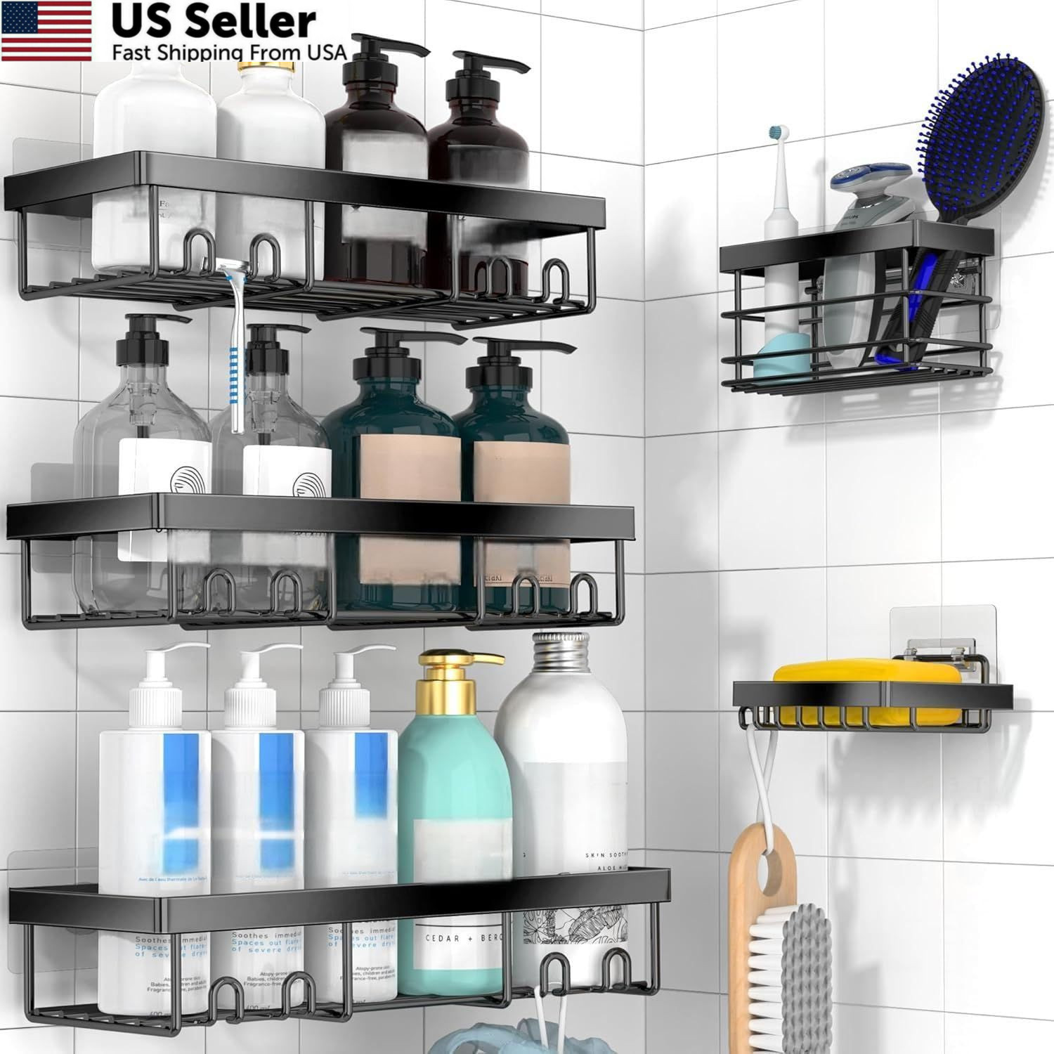 Moforoco Adhesive Shower Caddy Organizer Shelves Rack - 5 Pack 5pack, Black