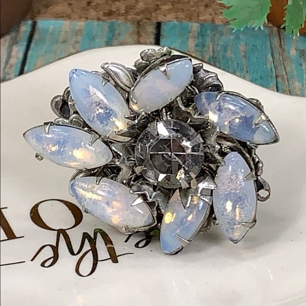 Adorned Crown artisan assemblage moonstone rhinestone cocktail ring