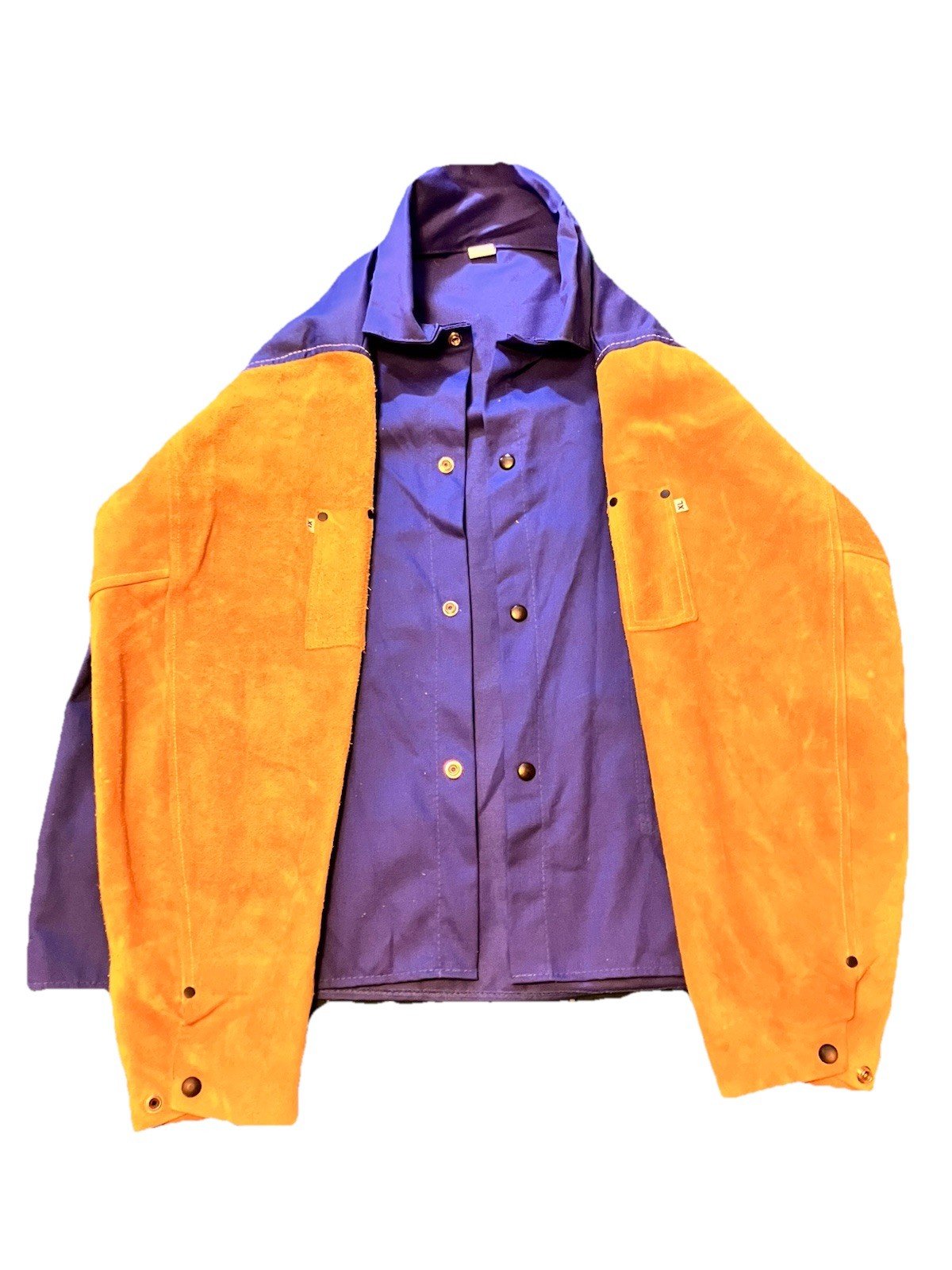 X-Large Heavy Duty Blue and Yellow Welding Jacket with Leather Sleeves