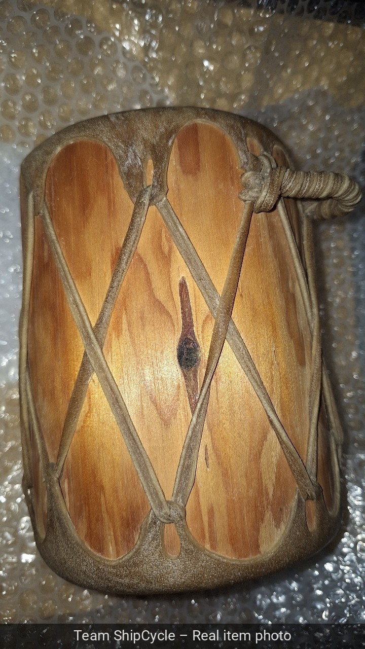 Rustic Native American Rawhide Log Drum 7 high x 5 Wide Preowned G2U