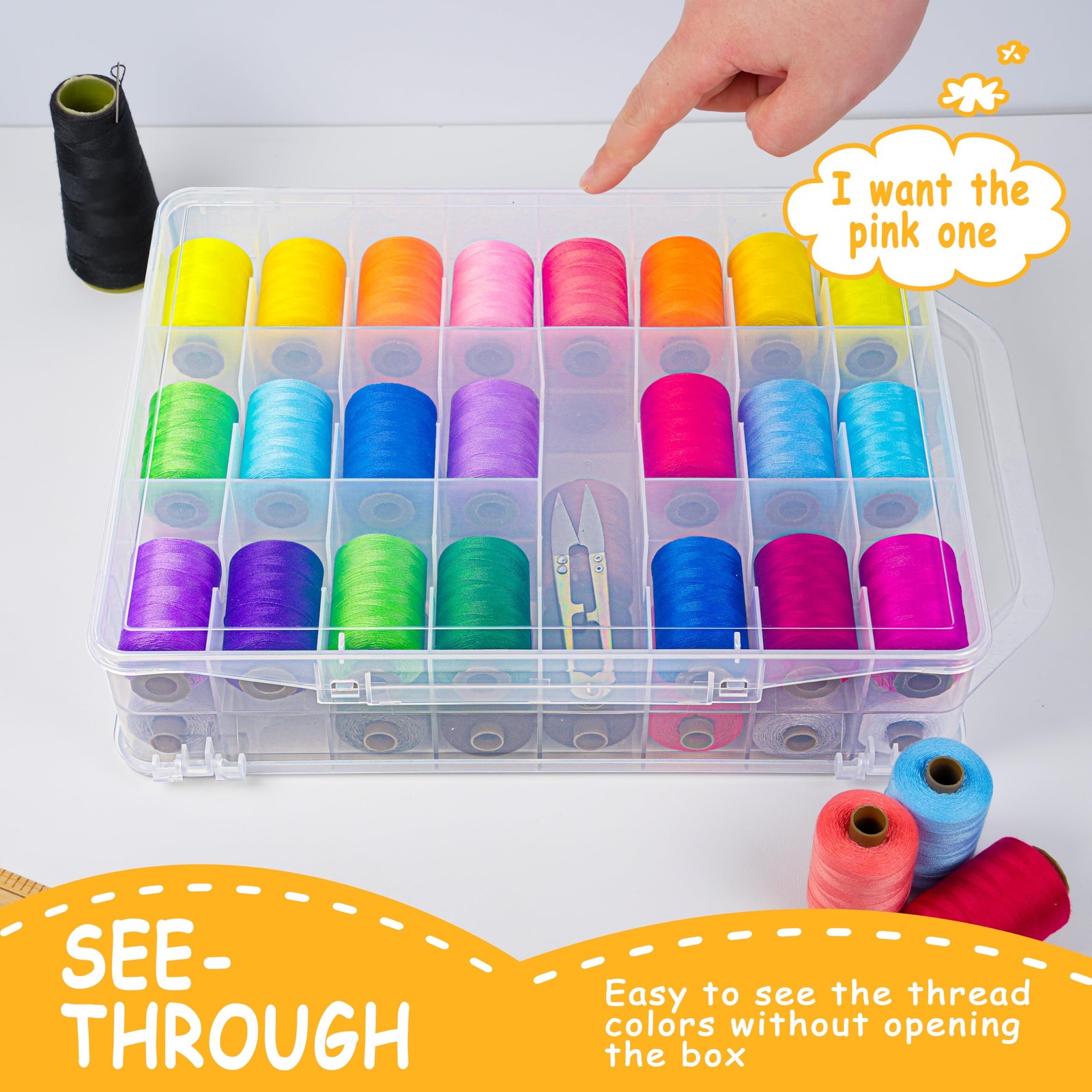 KASTUN Thread Storage,Double Sided,46 Grids Sewing Organizer,Portable, clear