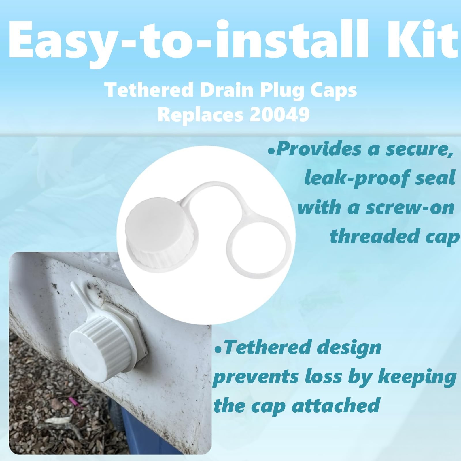2 PCS White Plastic Threaded Drain Plug Cap with Tether Fits Igloo Cooler Dra...