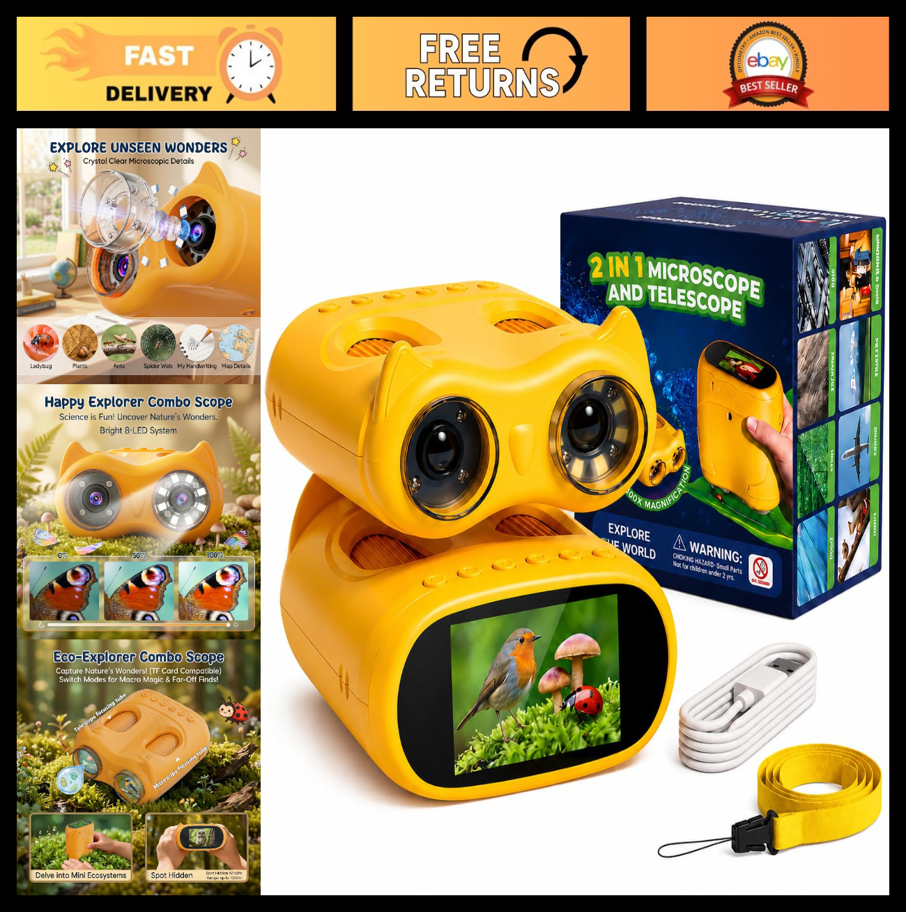 2-in-1 Kids Microscope & Telescope, 1000X Digital Microscope, 10X Pocket Telesco