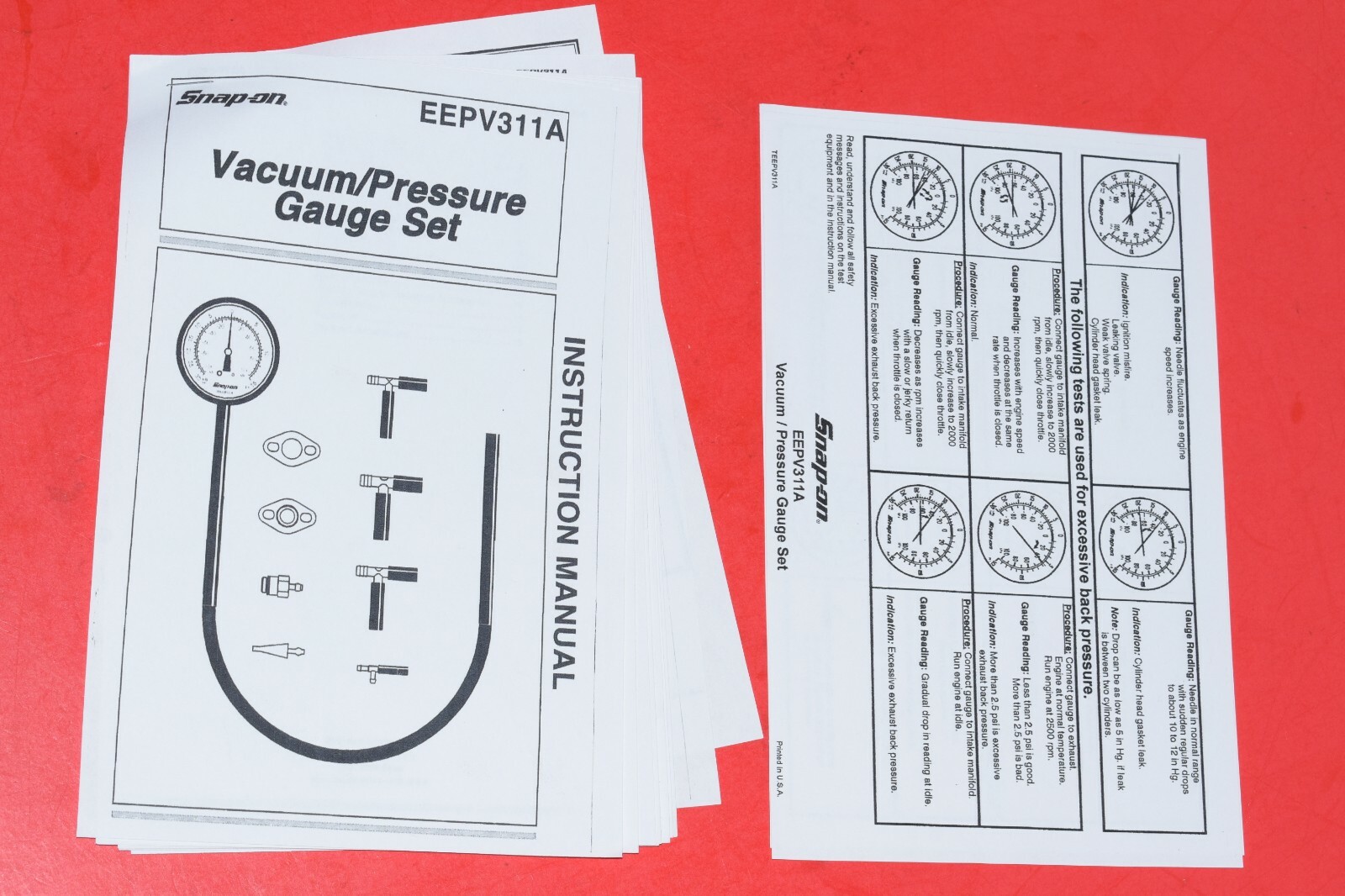 Snap-On Tools EEPV311A Vacuum Pressure Gauge Meter Set Instruction Manual Only