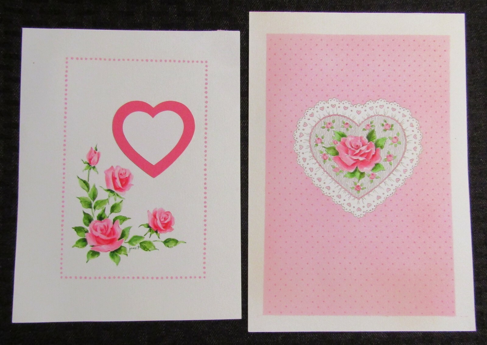 HAPPY VALENTINES DAY Pink Roses w/ Lace & Heart 6x8.5 Greeting Card Art LOT of 2