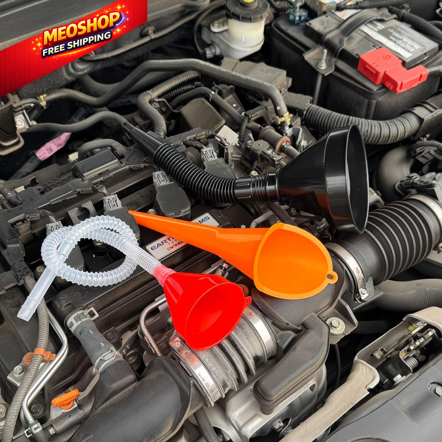 3 Pack Automotive Oil Funnel Set, Wide Mouth Fuel Funnels Black, Orange, Red