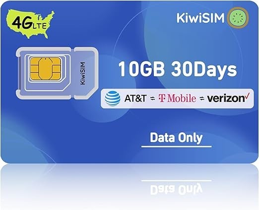 KIWISIM USA 4G Prepaid SIM Card - AT&T T-Mobile  Verizon 3-in-1 10GB/30Day!