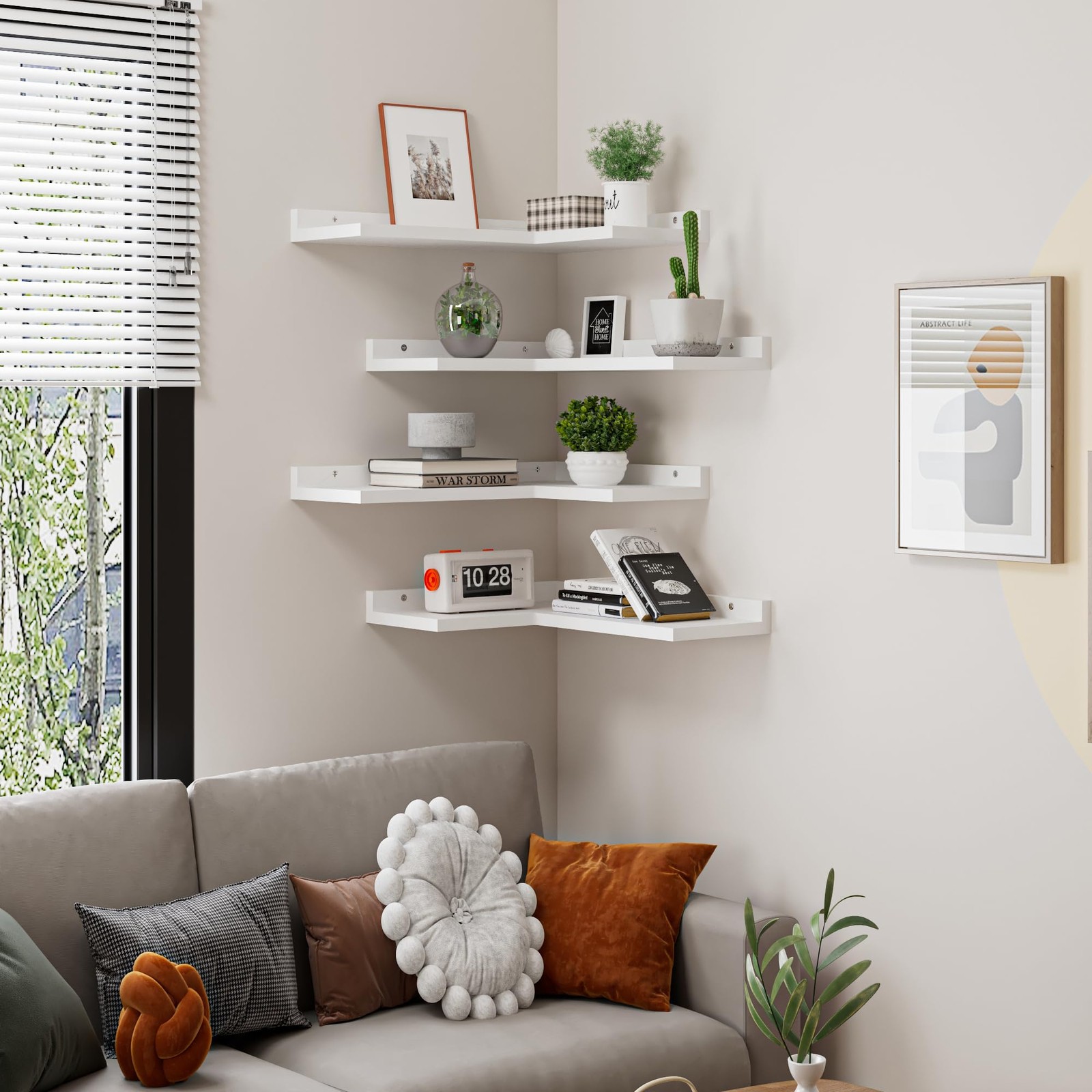 4-Tier Corner Floating Shelves, Rustic Pine L-Shaped Shelves for Creative Wal...