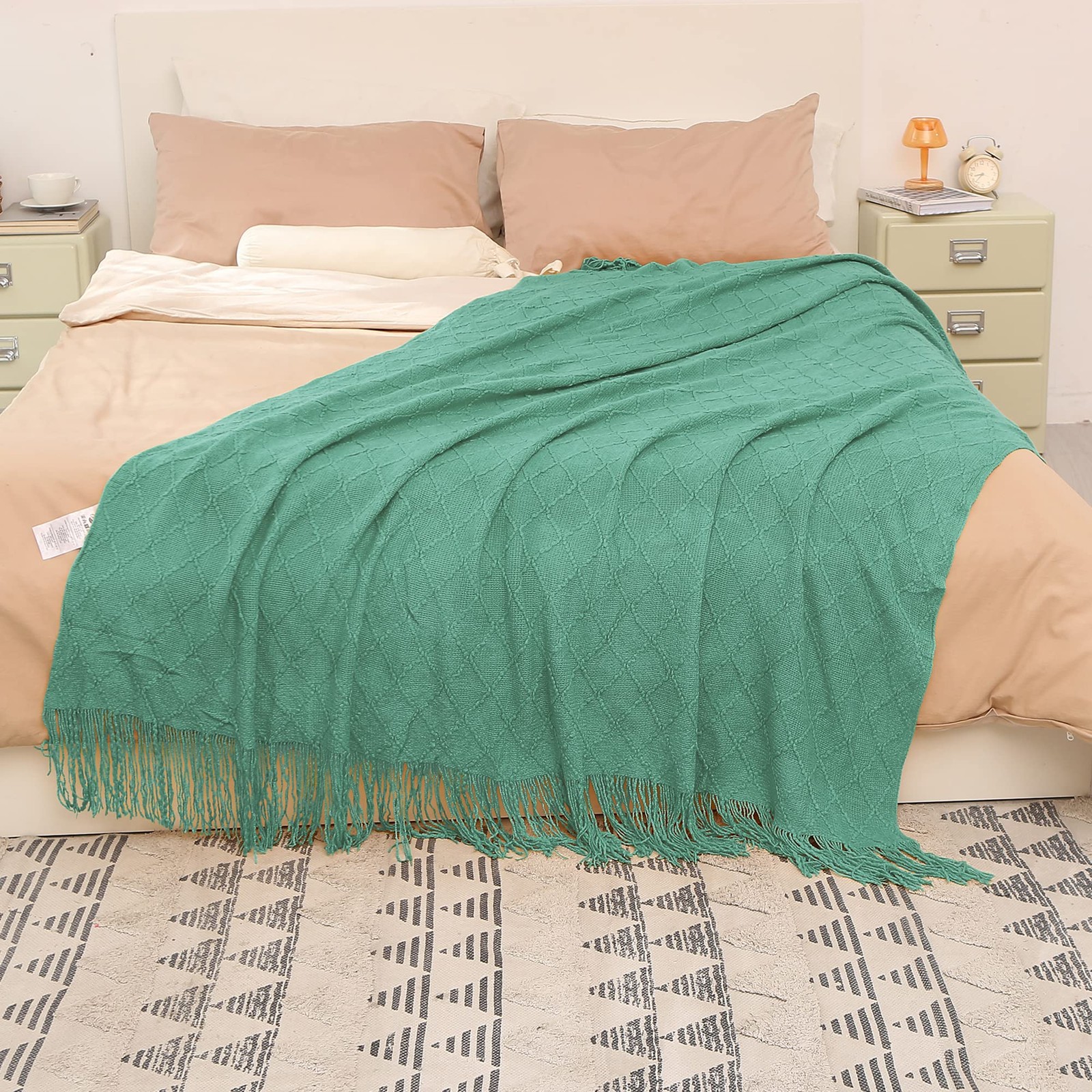 Teal Green Knitted Throw Blanket for Couch, Decorative Blanket with Fringe, A...