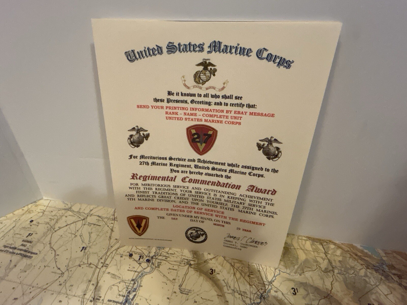 U.S.M.C. / 27TH MARINE REGIMENT - REGIMENTAL COMMENDATION AWARD CERTIFICATE