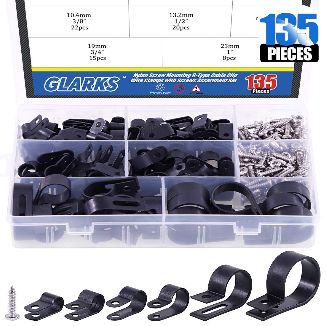 135Pcs 6 Sizes 1/4''-1'' Black Nylon Screw Mounting R-Cable Clip Wire Clamp w...