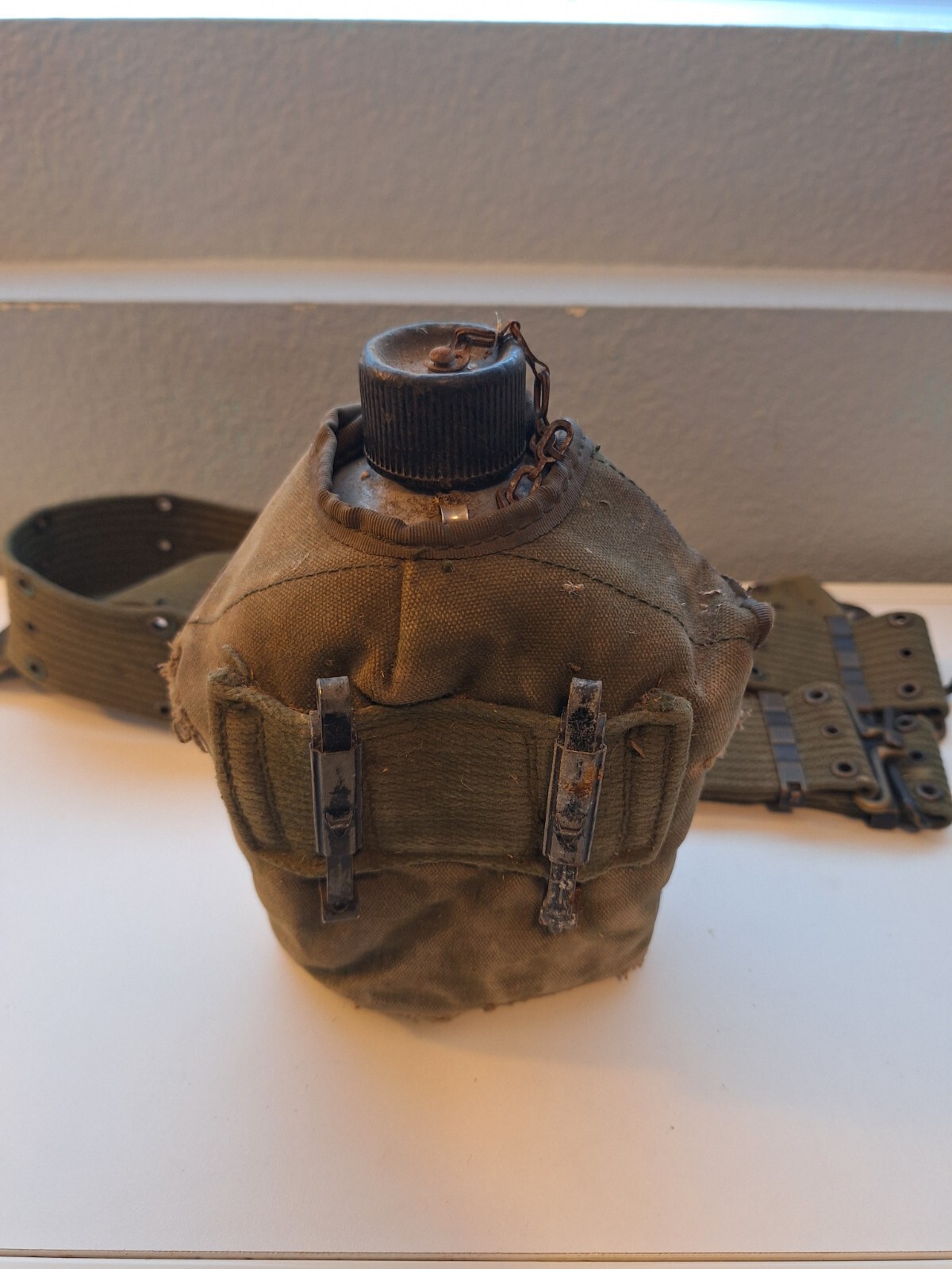 US Military Issue Vietnam Era Metal Water Canteen with Canvas Pouch Set & Belt