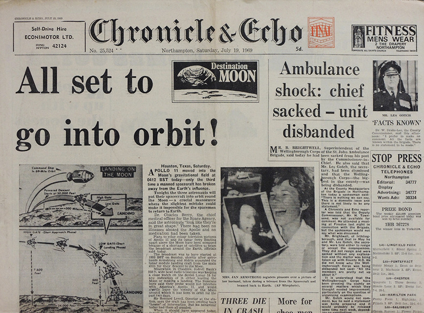 NORTHAMPTON CHRONICLE & ECHO NEWSPAPER 19 JULY 1969 . MAN ON THE MOON APOLLO 11