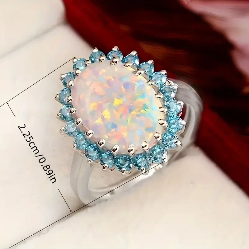 Elegant 925 Sterling Silver Fire Rainbow Opal Blue Topaz Engagement Ring Size 6