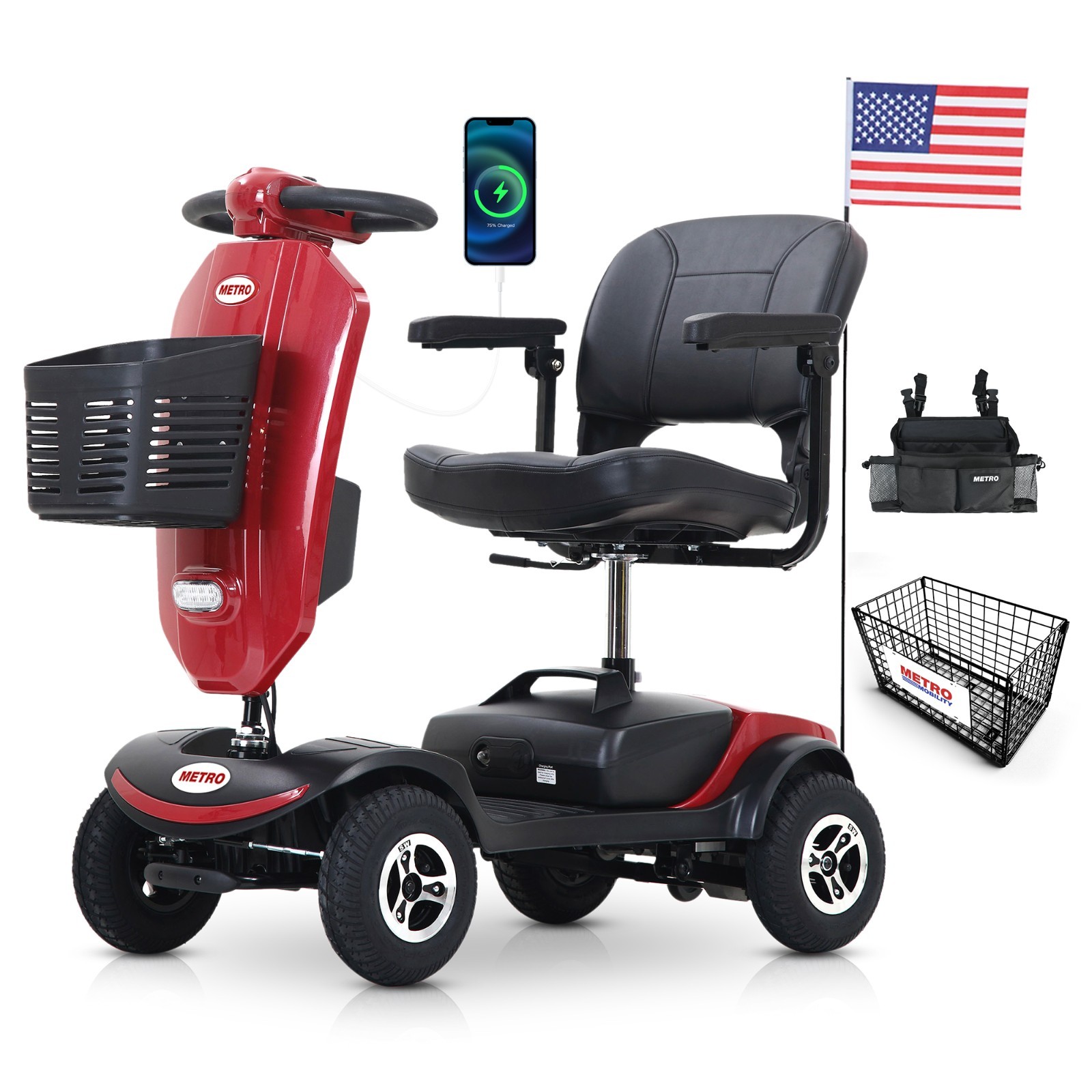Metro Mobility 4 Wheel Mobility Scooters for Seniors 9" Portable Travel 10Miles