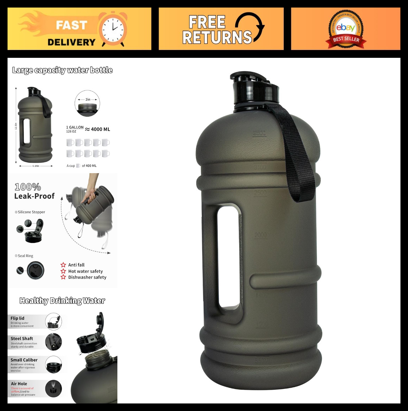 1 Gallon Water Bottle 128 oz - Leak Proof BPA Free Jug with Flip Lid for Gym & S