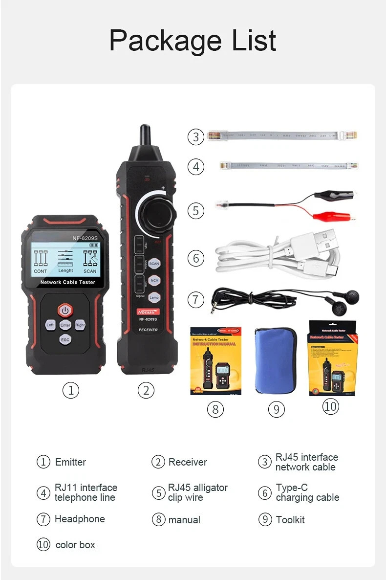 NF-8209S Network Cable Tracker POE Wire Checker CAT6 CAT5 LAN Wiremap Tester LCD