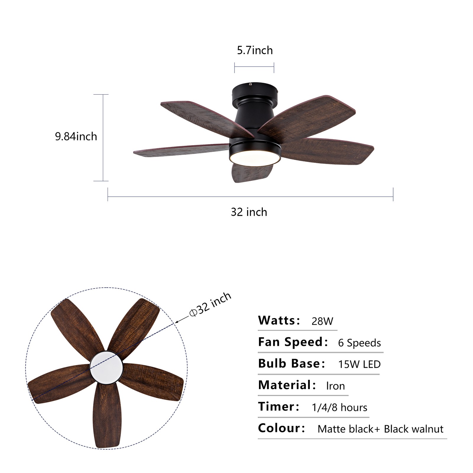 32" Low Profile Ceiling Fan with Light & Remote, Modern Ceiling Fan for Bedroom