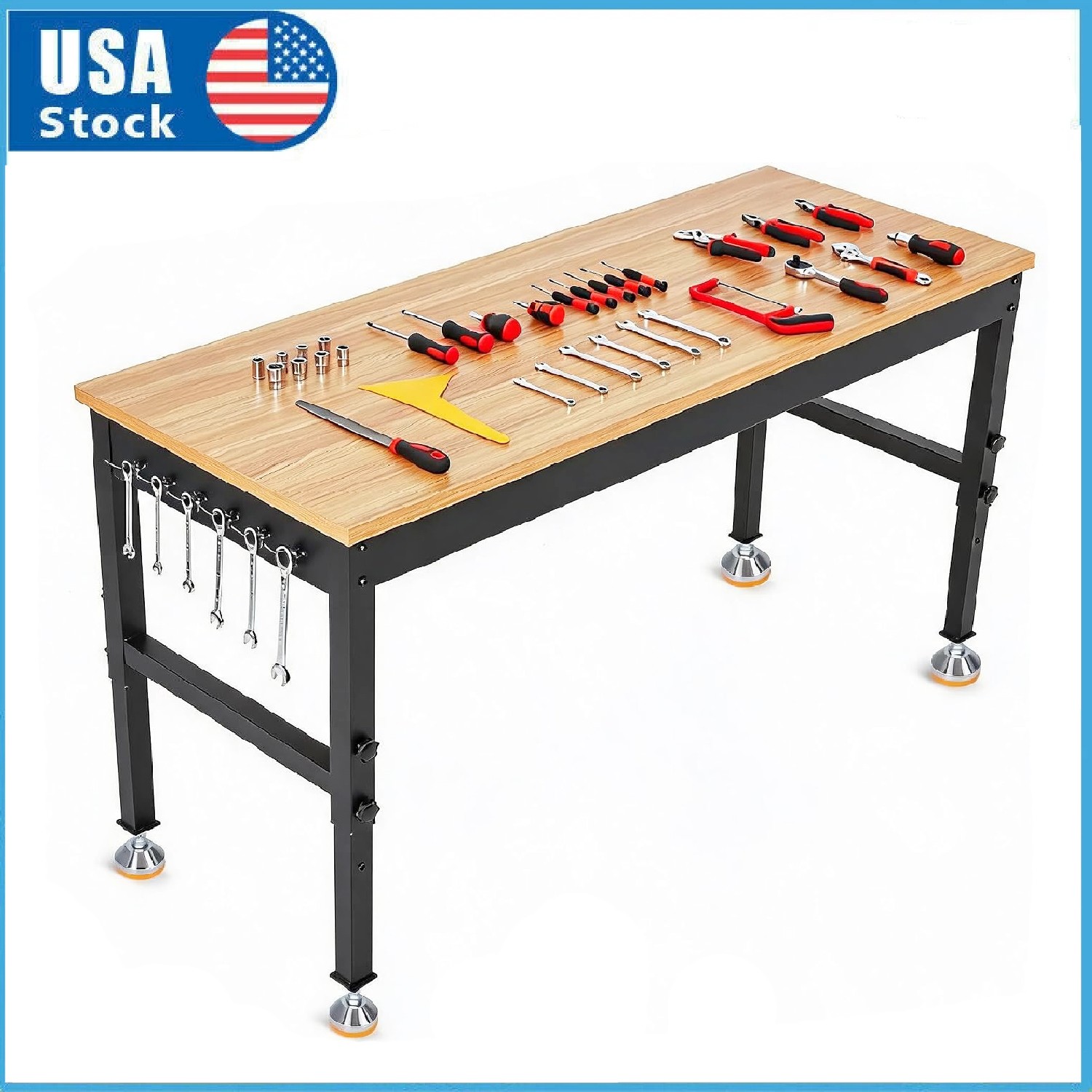 48" Workbench Adjustable Height Work Table Garage ,2500LBS Load Rubber Wood Top